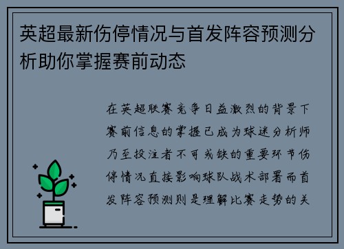 英超最新伤停情况与首发阵容预测分析助你掌握赛前动态